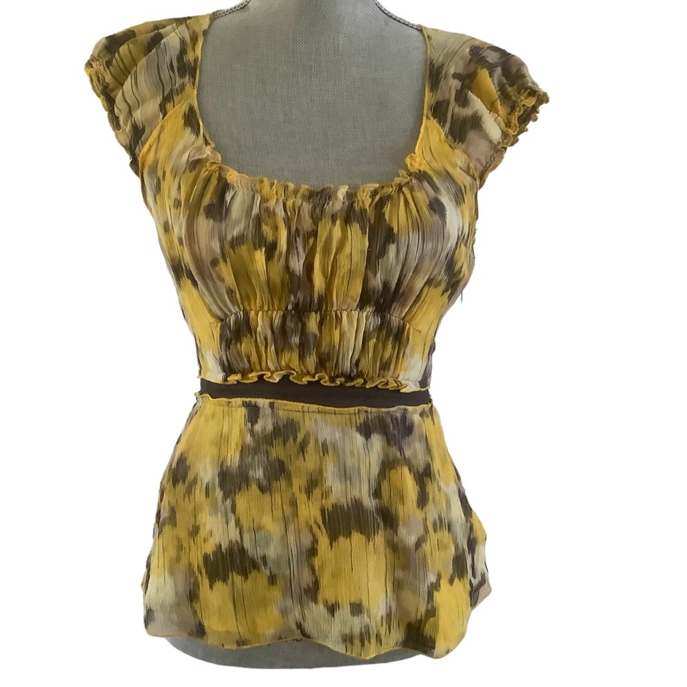 Y2K BCBGmaxazria fairy core boho top cap sleeve yellow and beige 100% silk S